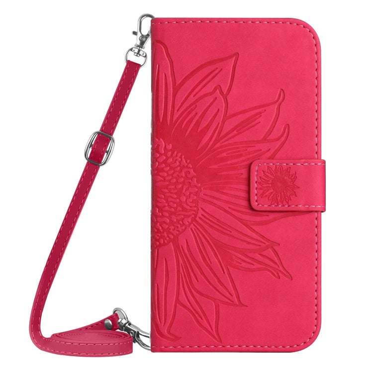 For iPhone 16 Pro Max Skin Feel Sun Flower Embossed Flip Leather Phone Case with Lanyard(Rose Red) - iPhone 16 Pro Max Cases by buy2fix | Online Shopping UK | buy2fix