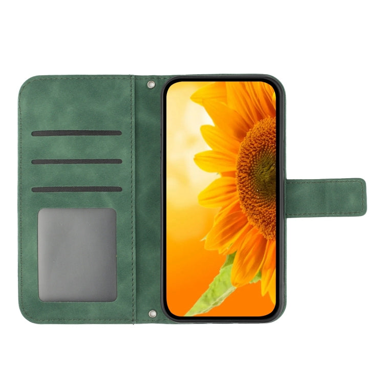 For iPhone 16 Plus Skin Feel Sun Flower Embossed Flip Leather Phone Case with Lanyard(Green) - iPhone 16 Plus Cases by buy2fix | Online Shopping UK | buy2fix