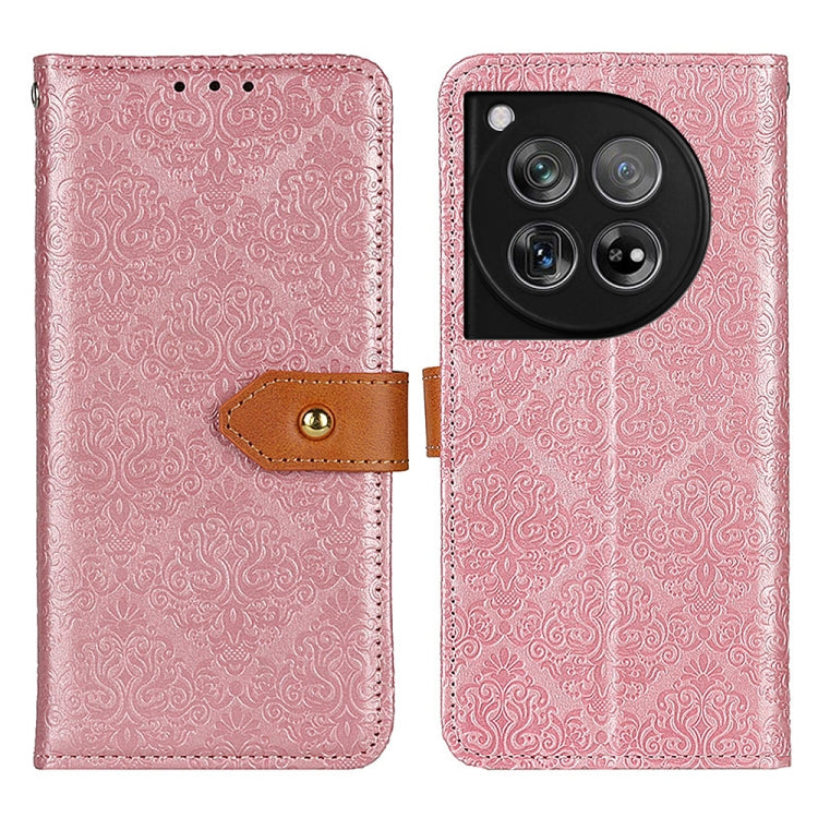 For OnePlus 12 European Floral Embossed Flip Leather Phone Case(Pink) - OnePlus Cases by buy2fix | Online Shopping UK | buy2fix