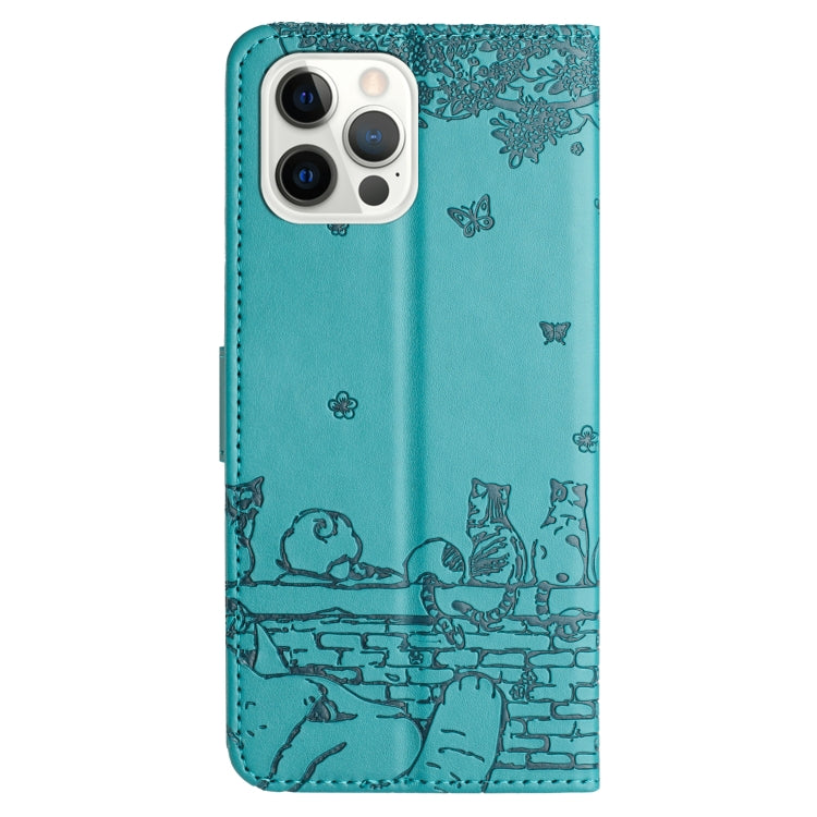 For iPhone 16 Pro Max Cat Embossing Pattern Leather Phone Case with Lanyard(Blue) - iPhone 16 Pro Max Cases by buy2fix | Online Shopping UK | buy2fix