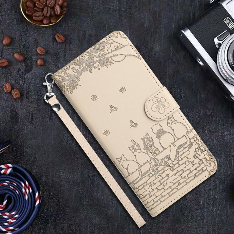 For iPhone 16 Cat Embossing Pattern Leather Phone Case with Lanyard(Beige) - iPhone 16 Cases by buy2fix | Online Shopping UK | buy2fix