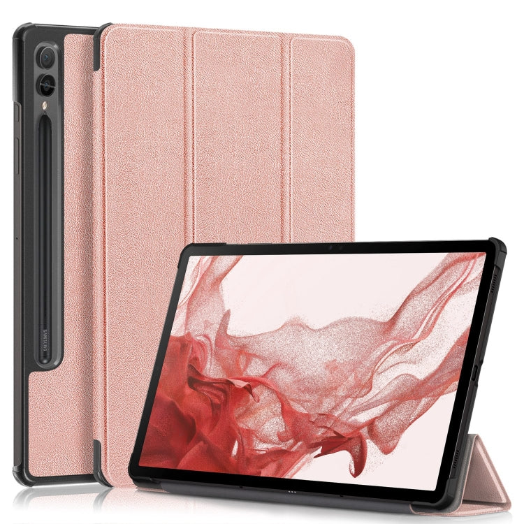 For Samsung Galaxy Tab S9+ Custer Pure Color 3-Fold Holder Smart Leather Tablet Case(Rose Gold) - Galaxy Tab S9+ Cases by buy2fix | Online Shopping UK | buy2fix