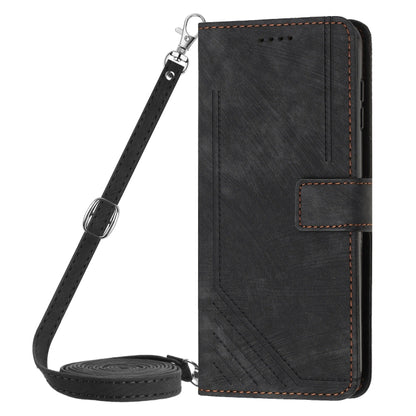 For Infinix Smart 8 Skin Feel Stripe Pattern Leather Phone Case with Lanyard(Black) - Infinix Cases by buy2fix | Online Shopping UK | buy2fix