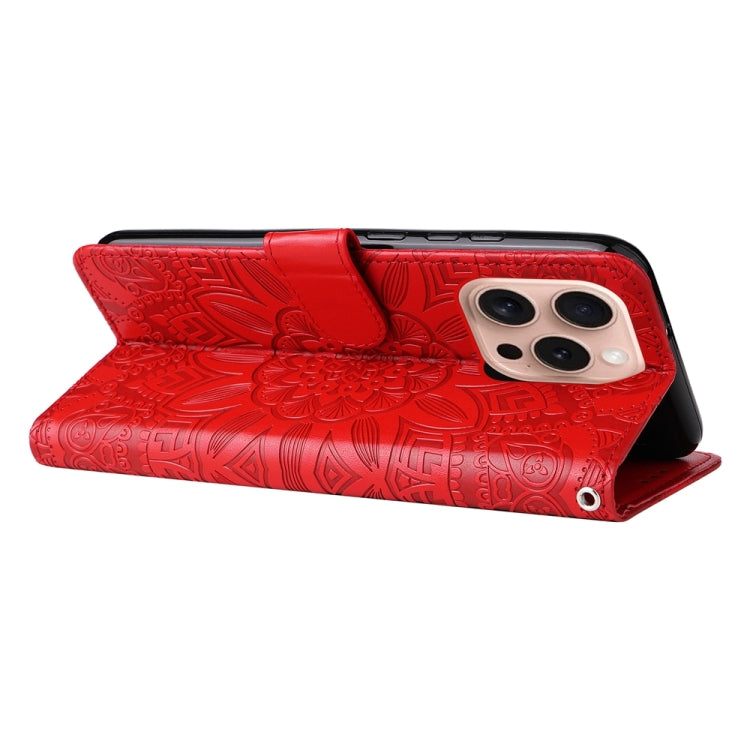 For iPhone 16 Pro Embossed Sunflower Leather Phone Case(Red) - iPhone 16 Pro Cases by buy2fix | Online Shopping UK | buy2fix