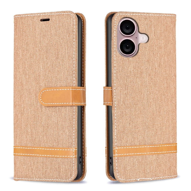 For iPhone 16 Color Block Denim Texture Leather Phone Case(Brown) - iPhone 16 Cases by buy2fix | Online Shopping UK | buy2fix