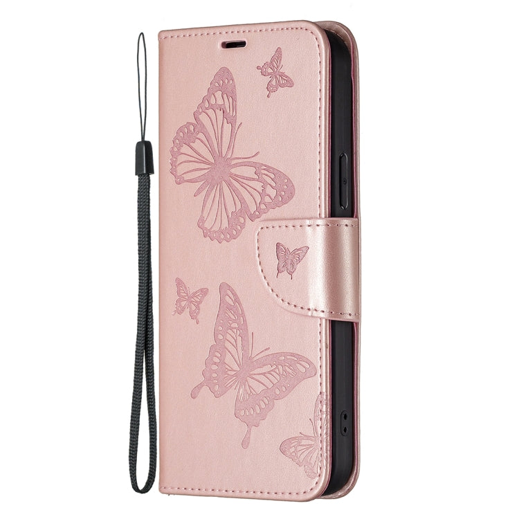 For iPhone 16 Plus Embossing Two Butterflies Pattern Leather Phone Case(Rose Gold) - iPhone 16 Plus Cases by buy2fix | Online Shopping UK | buy2fix