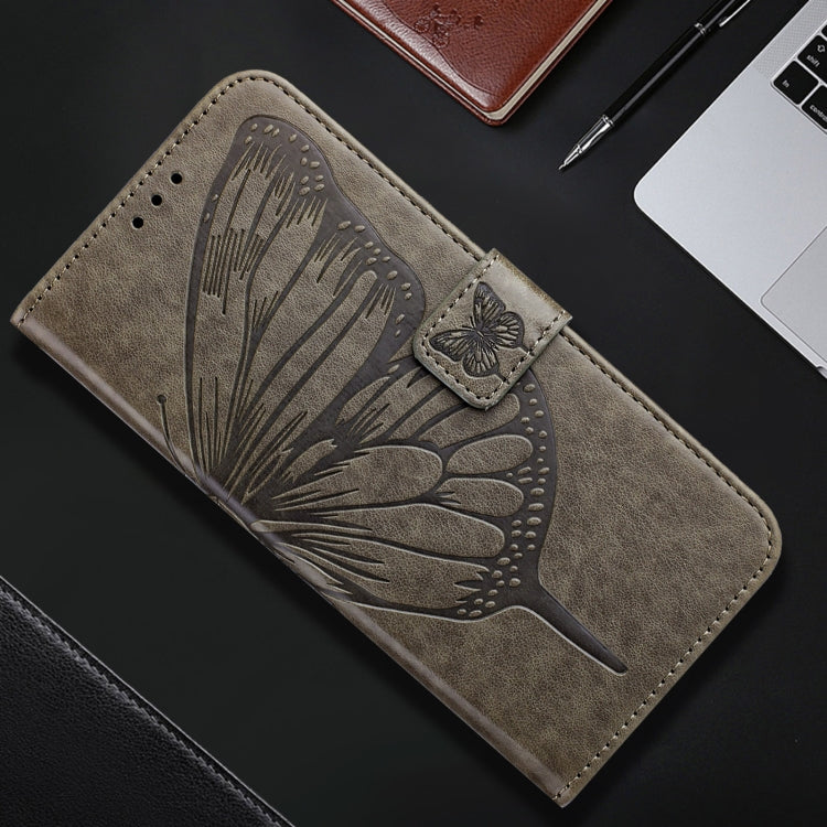 For iPhone 16 Pro Max Embossed Butterfly Leather Phone Case(Grey) - iPhone 16 Pro Max Cases by buy2fix | Online Shopping UK | buy2fix