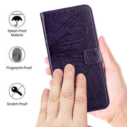 For iPhone 16 Pro Embossed Butterfly Leather Phone Case(Dark Purple) - iPhone 16 Pro Cases by buy2fix | Online Shopping UK | buy2fix