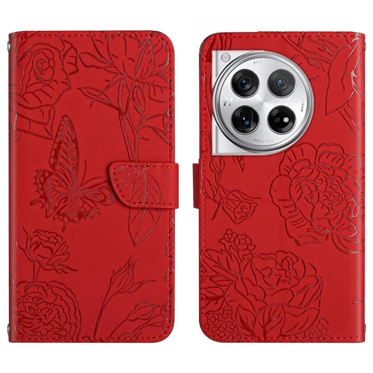 For OnePlus 12 5G Global Skin Feel Butterfly Peony Embossed Leather Phone Case(Red) - OnePlus Cases by buy2fix | Online Shopping UK | buy2fix