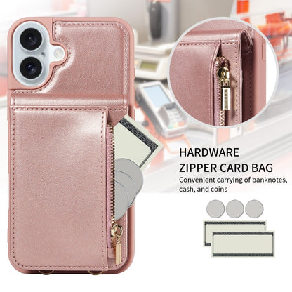 For iPhone 16 Plus Crossbody Lanyard Zipper Wallet Leather Phone Case(Rose Gold) - iPhone 16 Plus Cases by buy2fix | Online Shopping UK | buy2fix