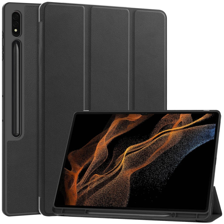 For Samsung Galaxy Tab S9 Ultra 3-Fold Pure Color TPU Smart Leather Tablet Case with Pen Slot(Black) - Galaxy Tab S9 Ultra Cases by buy2fix | Online Shopping UK | buy2fix