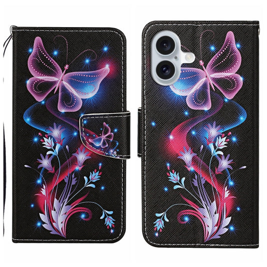 For iPhone 16 3D Colored Drawing Flip Leather Phone Case(Fluorescent Butterfly) - iPhone 16 Cases by buy2fix | Online Shopping UK | buy2fix