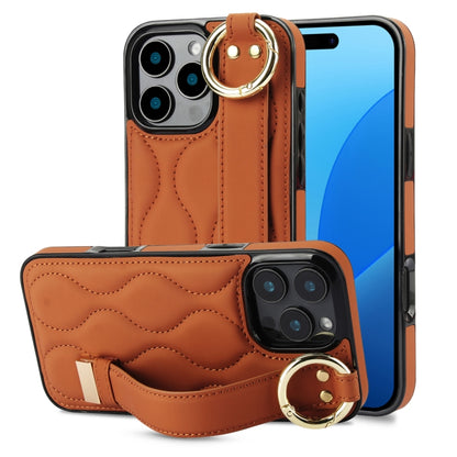 For iPhone 16 Pro Non-slip Full Coverage Ring PU Phone Case with Wristband(Brown) - iPhone 16 Pro Cases by buy2fix | Online Shopping UK | buy2fix