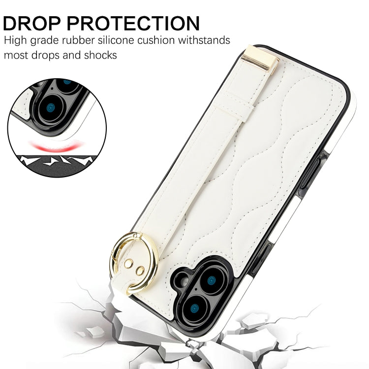 For iPhone 16 Non-slip Full Coverage Ring PU Phone Case with Wristband(White) - iPhone 16 Cases by buy2fix | Online Shopping UK | buy2fix