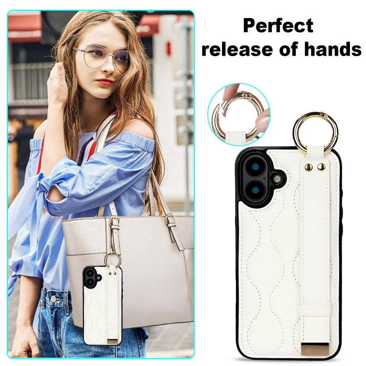 For iPhone 16 Non-slip Full Coverage Ring PU Phone Case with Wristband(White) - iPhone 16 Cases by buy2fix | Online Shopping UK | buy2fix