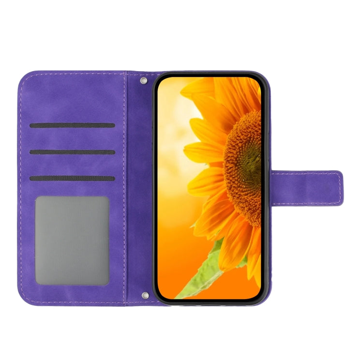 For Motorola Moto G Play 5G 2024 HT04 Skin Feel Sun Flower Embossed Flip Leather Phone Case with Lanyard(Dark Purple) - Motorola Cases by buy2fix | Online Shopping UK | buy2fix