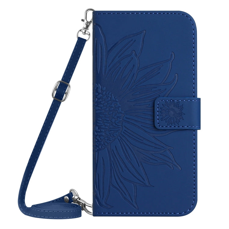 For Motorola Moto G Play 5G 2024 HT04 Skin Feel Sun Flower Embossed Flip Leather Phone Case with Lanyard(Dark Blue) - Motorola Cases by buy2fix | Online Shopping UK | buy2fix