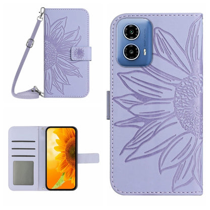 For Motorola Moto G Stylus 5G 2024 HT04 Skin Feel Sun Flower Embossed Flip Leather Phone Case with Lanyard(Purple) - Motorola Cases by buy2fix | Online Shopping UK | buy2fix