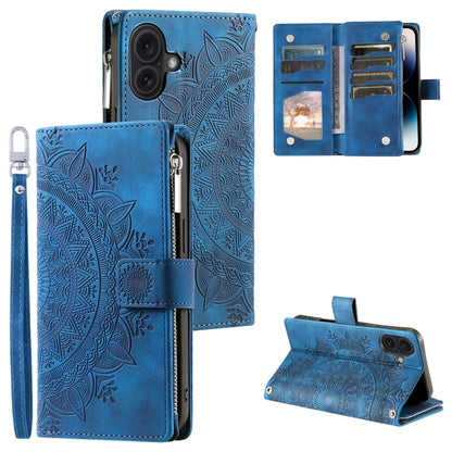 For iPhone 16 Plus Multi-Card Totem Zipper Leather Phone Case(Blue) - iPhone 16 Plus Cases by buy2fix | Online Shopping UK | buy2fix