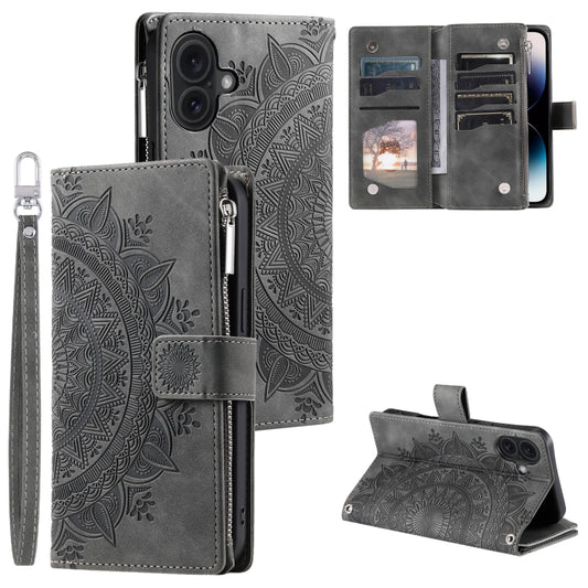 For iPhone 16 Plus Multi-Card Totem Zipper Leather Phone Case(Grey) - iPhone 16 Plus Cases by buy2fix | Online Shopping UK | buy2fix