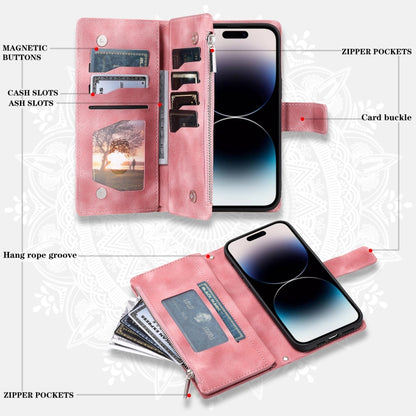 For iPhone 16 Plus Multi-Card Totem Zipper Leather Phone Case(Pink) - iPhone 16 Plus Cases by buy2fix | Online Shopping UK | buy2fix