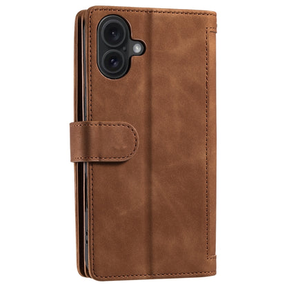 For iPhone 16 Nine Card Zipper Bag Leather Phone Case with Lanyard(Brown) - iPhone 16 Cases by buy2fix | Online Shopping UK | buy2fix