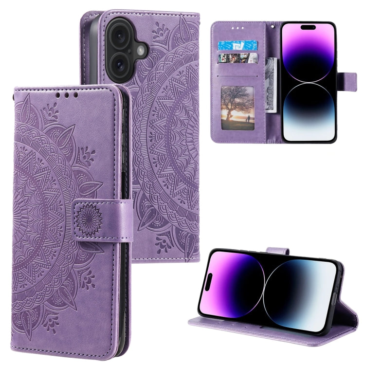 For iPhone 16 Totem Flower Embossed Leather Phone Case(Purple) - iPhone 16 Cases by buy2fix | Online Shopping UK | buy2fix