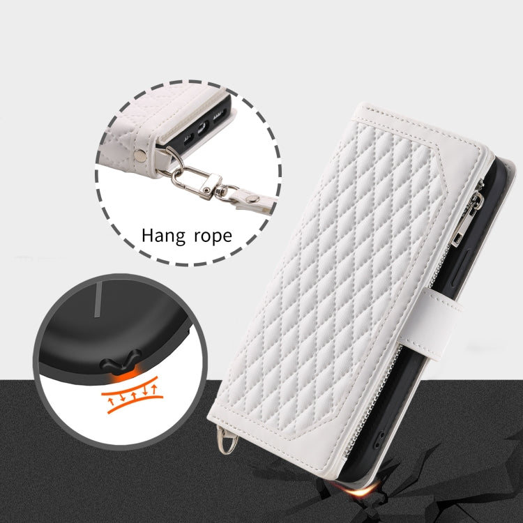 For iPhone 16 Pro Grid Texture Zipper Leather Phone Case with Lanyard(White) - iPhone 16 Pro Cases by buy2fix | Online Shopping UK | buy2fix