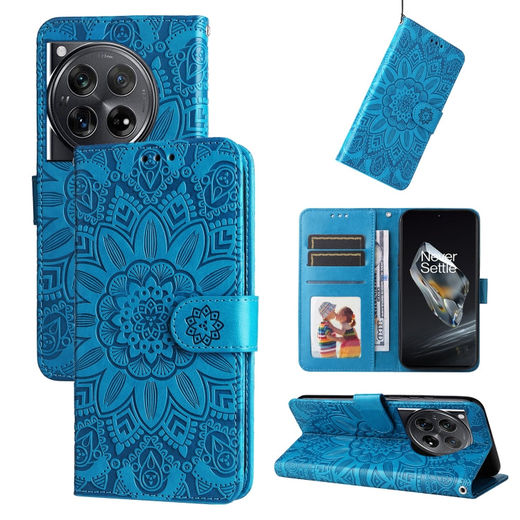 For OnePlus 12 Embossed Sunflower Leather Phone Case(Blue) - OnePlus Cases by buy2fix | Online Shopping UK | buy2fix