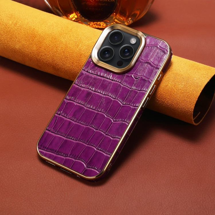 For iPhone 16 Pro Max Denior Crocodile Texture Genuine Leather Electroplating Phone Case(Purple) - More iPhone Cases by Denior | Online Shopping UK | buy2fix