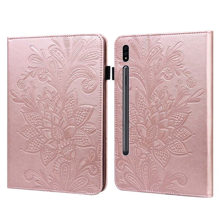 For Samsung Galaxy Tab S9 Lace Flower Embossing Pattern Leather Tablet Case(Gold) - Galaxy Tab S9 Cases by buy2fix | Online Shopping UK | buy2fix