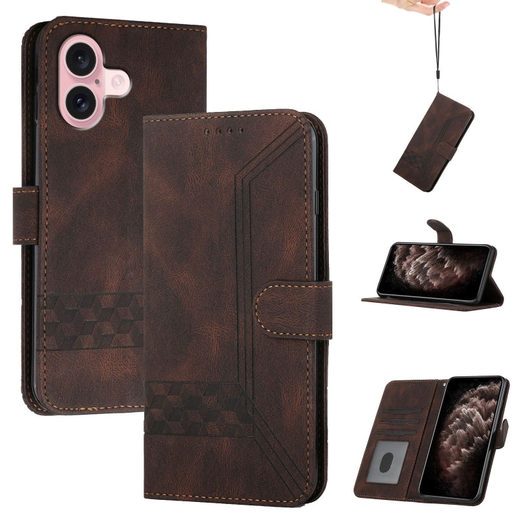 For iPhone 16 Cubic Skin Feel Flip Leather Phone Case(Brown) - iPhone 16 Cases by buy2fix | Online Shopping UK | buy2fix