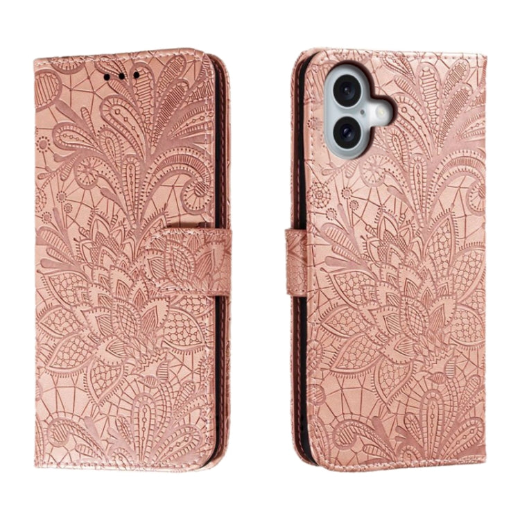 For iPhone 16 Plus Lace Flower Embossing Flip Leather Phone Case(Rose Gold) - iPhone 16 Plus Cases by buy2fix | Online Shopping UK | buy2fix