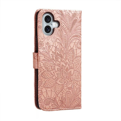 For iPhone 16 Plus Lace Flower Embossing Flip Leather Phone Case(Rose Gold) - iPhone 16 Plus Cases by buy2fix | Online Shopping UK | buy2fix