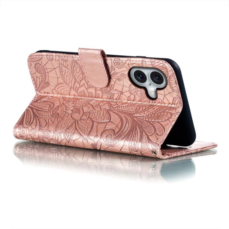 For iPhone 16 Plus Lace Flower Embossing Flip Leather Phone Case(Rose Gold) - iPhone 16 Plus Cases by buy2fix | Online Shopping UK | buy2fix