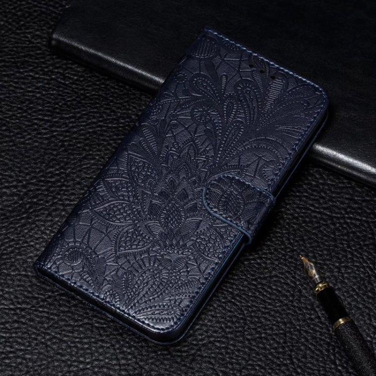 For iPhone 16 Pro Lace Flower Embossing Flip Leather Phone Case(Dark Blue) - iPhone 16 Pro Cases by buy2fix | Online Shopping UK | buy2fix