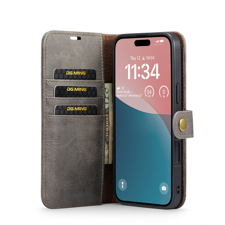 For iPhone 16 DG.MING Crazy Horse Texture Detachable Magnetic Leather Phone Case(Grey) - iPhone 16 Cases by DG.MING | Online Shopping UK | buy2fix