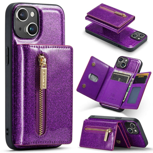 For iPhone 15 DG.MING M3 Series Glitter Powder Card Bag Leather Phone Case(Dark Purple) - iPhone 15 Cases by DG.MING | Online Shopping UK | buy2fix