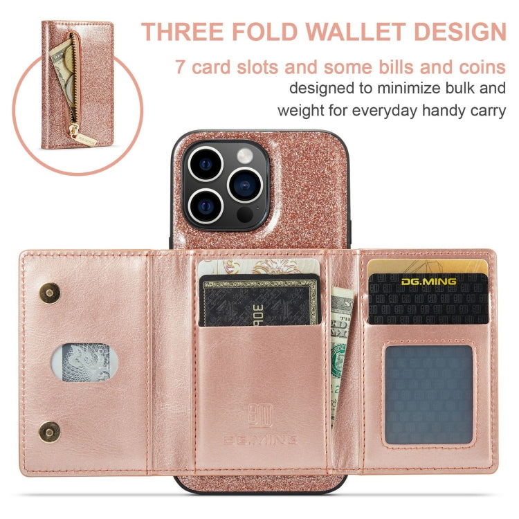 For iPhone 15 Pro DG.MING M3 Series Glitter Powder Card Bag Leather Phone Case(Rose Gold) - iPhone 15 Pro Cases by DG.MING | Online Shopping UK | buy2fix