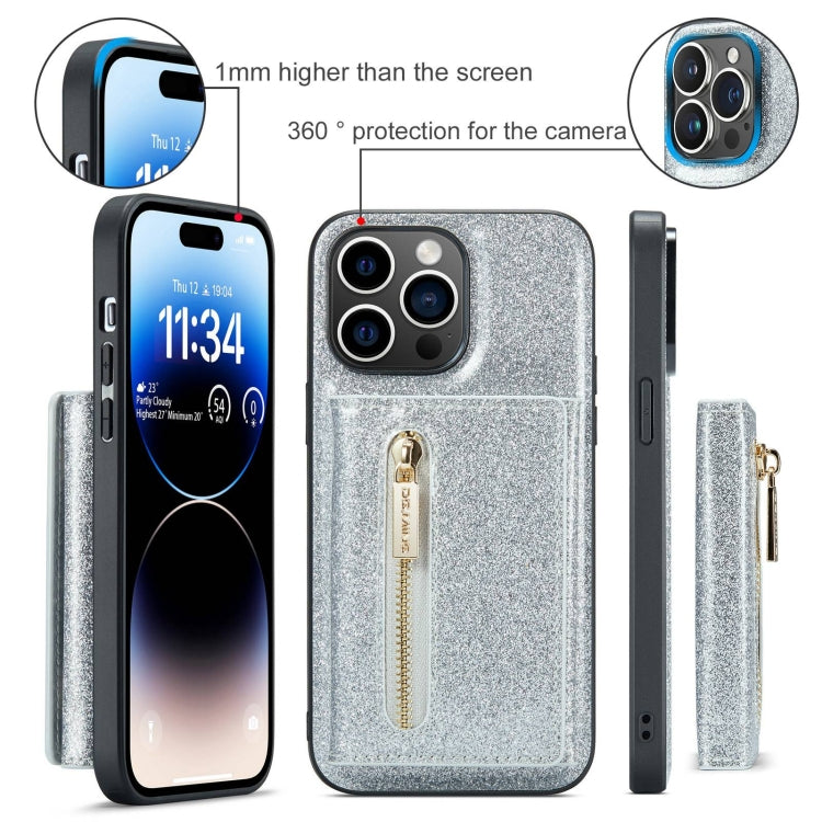 For iPhone 15 Pro Max DG.MING M3 Series Glitter Powder Card Bag Leather Phone Case(Silver) - iPhone 15 Pro Max Cases by DG.MING | Online Shopping UK | buy2fix