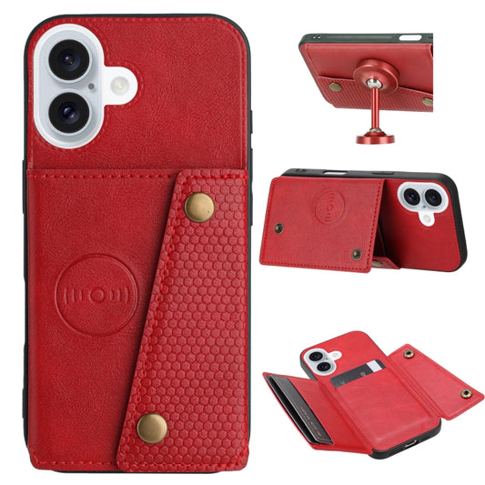 For iPhone 16 Double Buckle Card Slots PU + TPU Phone Case(Red) - iPhone 16 Cases by buy2fix | Online Shopping UK | buy2fix