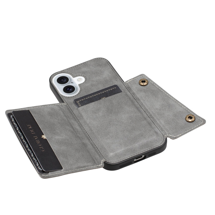 For iPhone 16 Double Buckle Card Slots PU + TPU Phone Case(Grey) - iPhone 16 Cases by buy2fix | Online Shopping UK | buy2fix