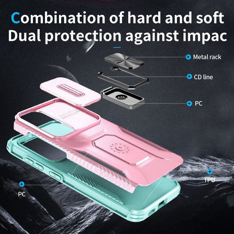 For Samsung Galaxy S24 5G / S25 5G Sliding Camshield Holder Phone Case(Pink + Grey Green) - Galaxy S24 5G Cases by buy2fix | Online Shopping UK | buy2fix