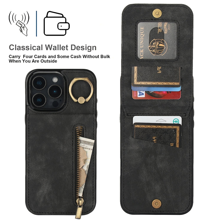 For iPhone 16 Pro Max Retro Ring and Zipper RFID Card Slot Phone Case(Black) - iPhone 16 Pro Max Cases by buy2fix | Online Shopping UK | buy2fix