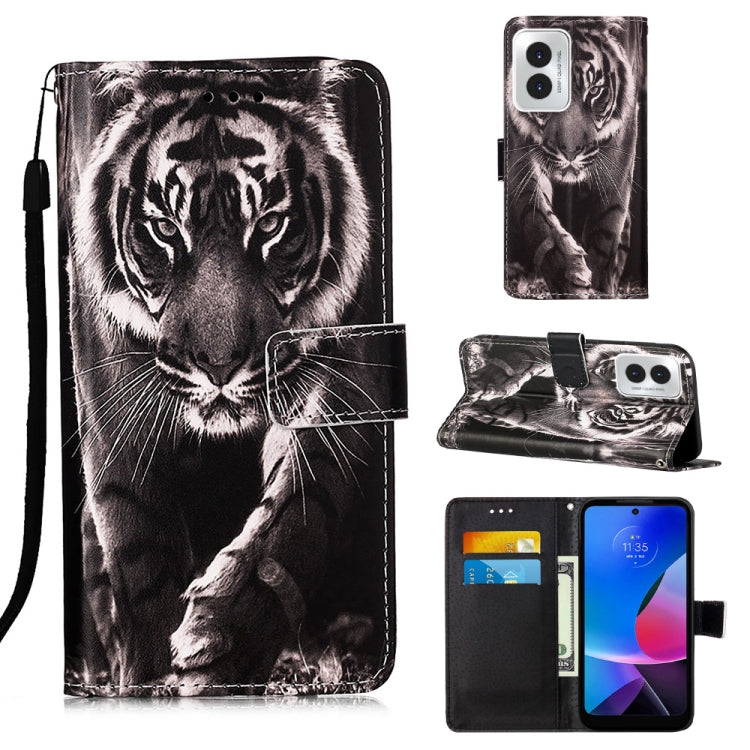 For Motorola Moto G Play 4G 2024 Colored Drawing Pattern Plain Weave Leather Phone Case(Black And White Tiger) - Motorola Cases by buy2fix | Online Shopping UK | buy2fix