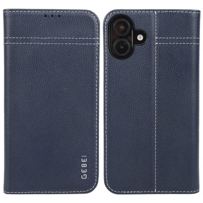 For iPhone 16 GEBEI Top-grain Horizontal Flip Leather Phone Case(Blue) - iPhone 16 Cases by GEBEI | Online Shopping UK | buy2fix