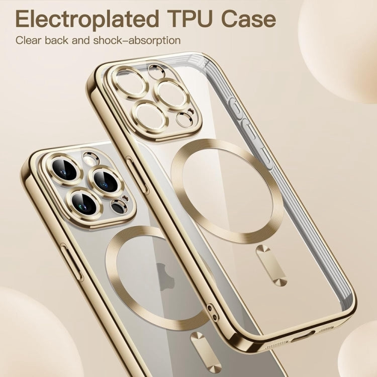 For iPhone 16 Transparent Electroplated Magsafe Magnetic TPU Phone Case(Gold) - iPhone 16 Cases by buy2fix | Online Shopping UK | buy2fix