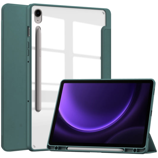 For Samsung Galaxy Tab S9 FE Acrylic 3-folding Smart Leather Tablet Case with Pen Slot(Dark Green) - Galaxy Tab S9 FE by buy2fix | Online Shopping UK | buy2fix