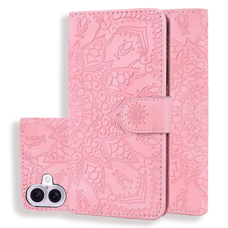 For iPhone 16 Plus Mandala Embossed Dual-Fold Calf Leather Phone Case(Pink) - iPhone 16 Plus Cases by buy2fix | Online Shopping UK | buy2fix