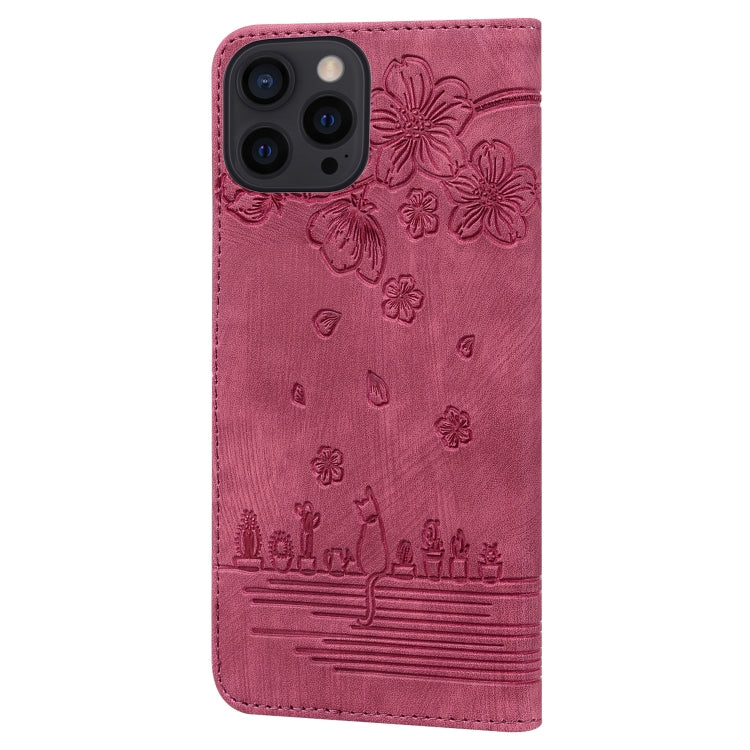 For iPhone 16 Pro Max Cartoon Sakura Cat Embossed Leather Phone Case(Wine Red) - iPhone 16 Pro Max Cases by buy2fix | Online Shopping UK | buy2fix